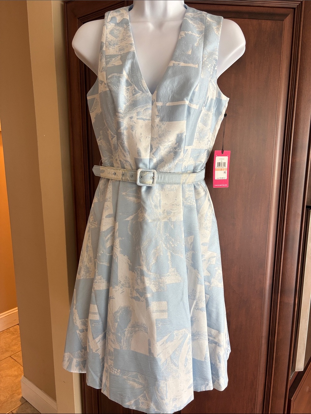 Vince Camuto Light Blue and Cream V-Neck Belted Midi Dress